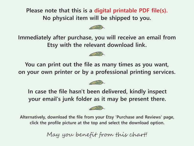 May include: Text on a light green background states this is a digital printable PDF file. It explains no physical item will be shipped. Instructions are provided for downloading the file after purchase and printing it.