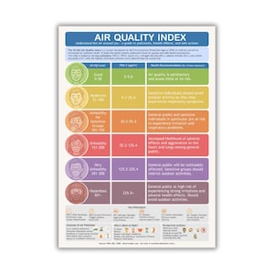 Può includere: Un'infografica colorata intitolata "Air Quality Index" fornisce una guida agli inquinanti, agli effetti sulla salute e alle azioni di sicurezza. Il grafico utilizza un sistema a colori per indicare i livelli di qualità dell'aria, da buono a pericoloso.