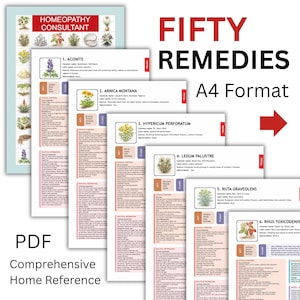 May include: A comprehensive home reference guide for homeopathy, featuring a blue chart with botanical illustrations and detailed remedy information. The text reads "FIFTY REMEDIES A4 Format" and "PDF Comprehensive Home Reference".