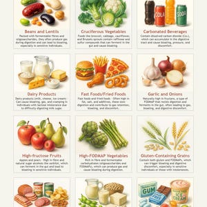 May include: A colorful infographic illustrating 12 common foods that can trigger bloating, gas, and digestive discomfort. The foods are grouped into categories such as beans and lentils, cruciferous vegetables, dairy products, fast foods, garlic and onions, high-fructose fruits, high-FODMAP vegetables, gluten-containing grains, salty/sodium-rich foods, soy products, and sugar-free foods.