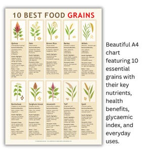 Peut inclure: Tableau A4 intitulé "10 Best Food Grains" présentant des illustrations de quinoa, d'avoine, de riz brun, d'orge et d'autres céréales. Le tableau détaille les nutriments, les bienfaits pour la santé, l'index glycémique et les utilisations quotidiennes.