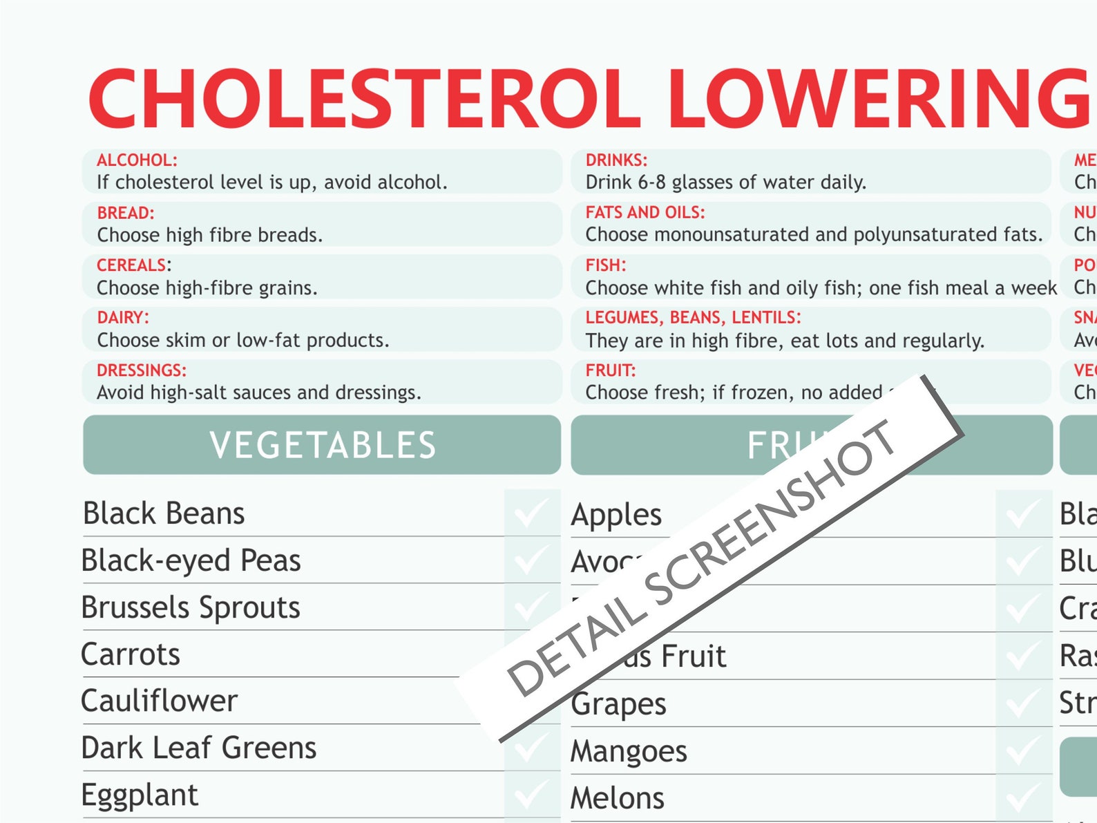 Lower Cholesterol Chart, Digital Download PDF, Lower Cholesterol, HDL