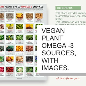 May include: A colourful chart with images of vegan plant-based omega-3 sources. The chart lists the amount of ALA (alpha-linolenic acid) in grams per serving for each food. The chart includes foods like ground flaxseed, chia seeds, flaxseed oil, hemp seeds, walnuts, soybeans, canola oil, edamame, mustard oil, spinach, purslane, basil, kale, seaweed, spirulina, butternut squash, pecans, cabbage, mango, peanut butter, black beans, raspberries, strawberries, cauliflower, broccoli, and green beans.