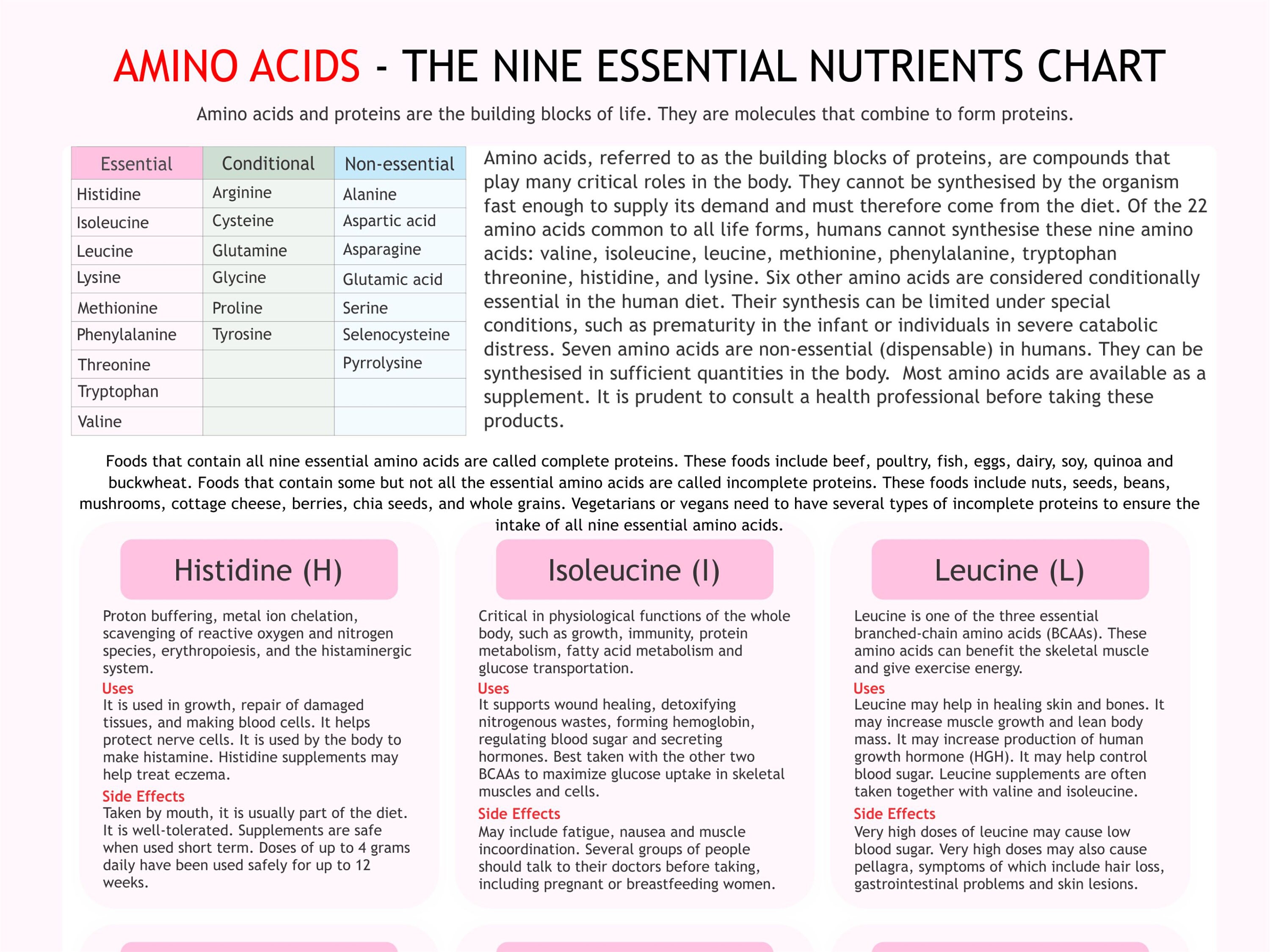 Amino Acids Chart, Digital Download PDF, Essential Amino Acid, Health