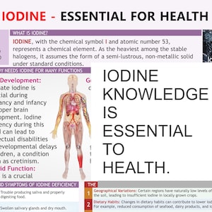 May include: Educational infographic about iodine and its importance for health. The image includes text stating "Iodine - Essential for Health" and "Iodine Knowledge is Essential to Health." It also features a diagram of the human body and information about iodine deficiency.
