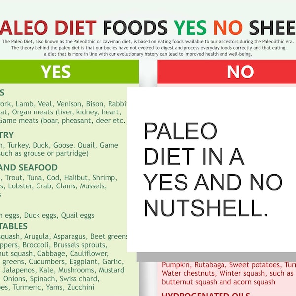 PALEO Diet Food Chart, digital download PDF, Paleo diet list, paleo food list, paleo avoid food, paleolithic diet