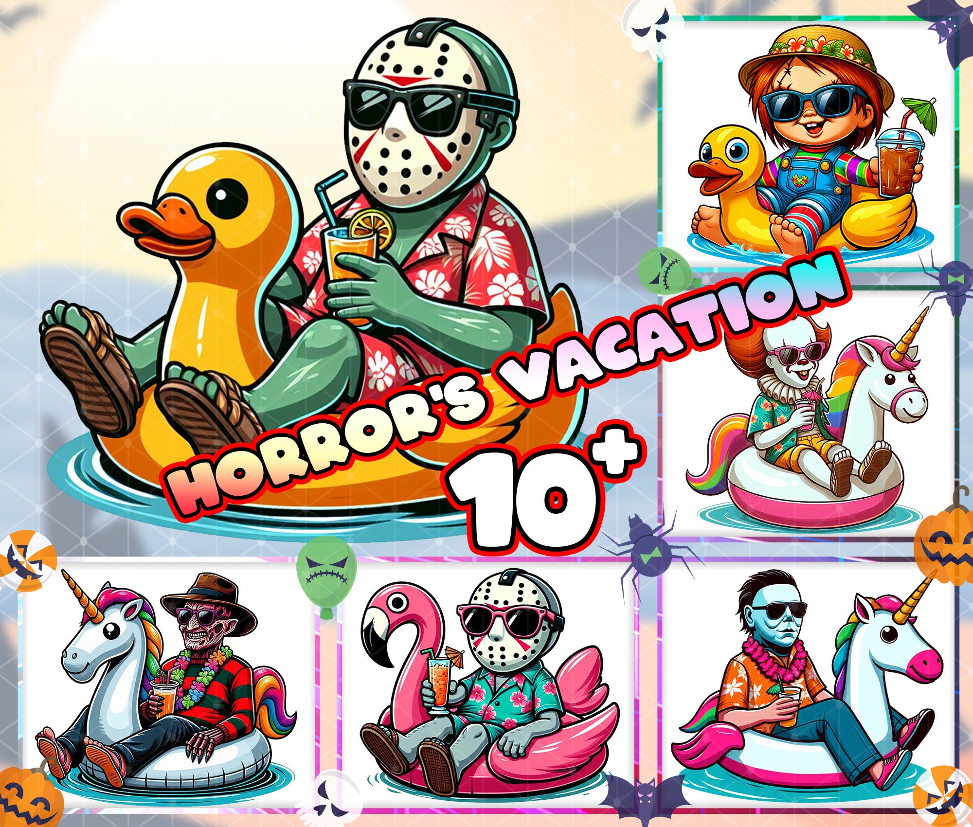 15 Designs Horror's Vacation Png Bundle, Summer Png Bundle, Cute Horror Clipart Png, Sublimation Design Png, Png Format, Digital File