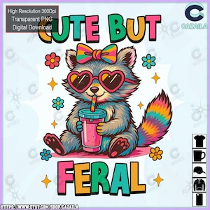 Süß aber wild Png, lustiges Waschbär-Design, sarkastischer Humor Png, Snarky Zitate für Erwachsene Png, Retro Png, kommerzielle Nutzung, digitaler Download