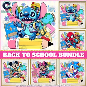 Pacchetto PNG con 5 design per il ritorno a scuola, Nome personalizzato in formato PNG, Simpatico personaggio dei cartoni animati in formato PNG, Buon ritorno a scuola in formato PNG, Pacchetto scolastico in formato PNG, File digitale