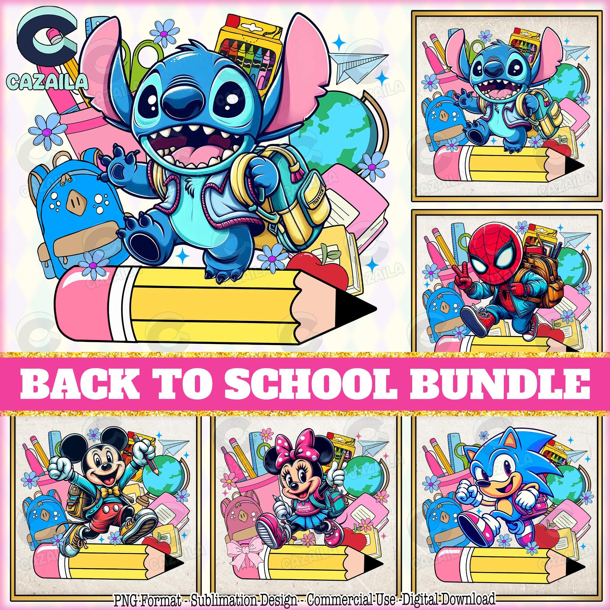 5 Designs Back To School PNG Bundle, Custom Name Png, Cute Cartoon Character Png, Happy Back To School Png, School Bundle Png, Digital File