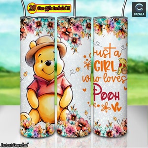 Bear Cartoon Character Png, 20oz Skinny Tumbler Sublimation Designs Png, Flowers Png, Mother's Day Png, Instant Digital Download
