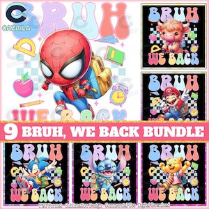 Paquete de 9 diseños "Bruh We Back" PNG, adorables personajes de dibujos animados, feliz regreso a clases PNG, paquete escolar PNG, niños a cuadros PNG, archivo digital