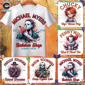 5 Designs Horror Vintage Png Bundle, Horror Characters Png, Love Horror Movies, Horror Halloween, Halloween Shirt Template, Digital Download