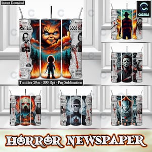 6 Designs Horror Newspaper For 20 oz Skinny Tumbler Sublimation Designs Png, Love Horror Movies Png, PNG Format, Instant Digital Download