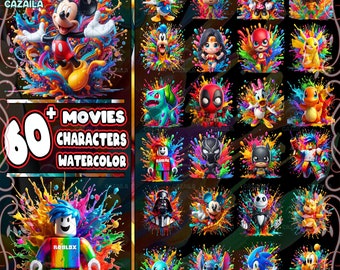 65 Designs Characters in movies Png, Watercolor Png Bundle, Cartoon Characters, Super Hero Characters, Png Format, Instant Digital Download