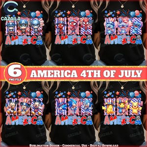 Pacchetto PNG di 6 Designs America, Design per il 4 luglio, Bandiera USA in formato PNG, Bandiera americana a scacchi in formato PNG, Patriottico in formato PNG, Personaggio di un film carino in formato PNG, File digitale