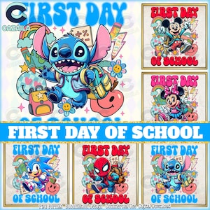 Pacchetto PNG con 5 design per il primo giorno di scuola, simpatico personaggio dei cartoni animati in formato PNG, buon primo giorno di scuola in formato PNG, pacchetto scuola in formato PNG, pre-scuola, file digitale