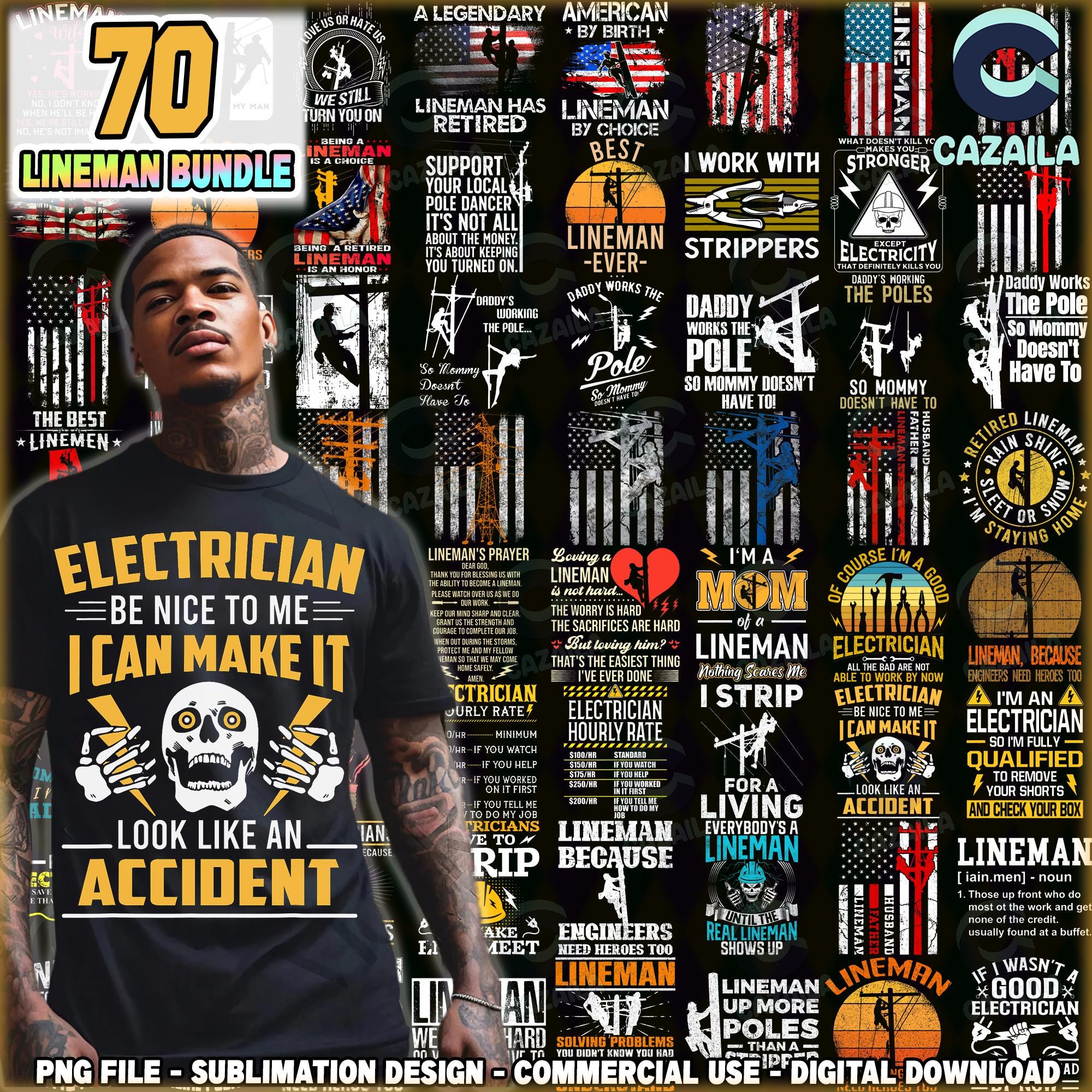 70 Files Electrician PNG Bundle, Dangerous Job, America Lineman, Superhero Png, Electrician Shirt Template Png, Commercial Use, Digital File