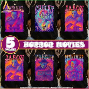 5 Designs Horror Movies PNG Bundle, Halloween Horror Png, Halloween Characters Png, Scary movie, Horror Neon Color Png, Digital Download