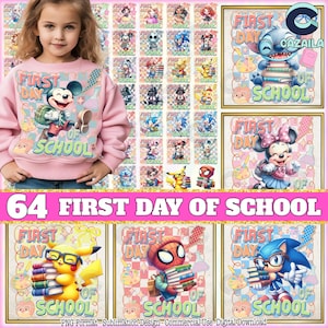 Plus de 60 modèles : premier jour d'école PNG Bundle, personnages de film Png, joyeux premier jour d'école, enseignant-élève, coquette noeud Png, fichier numérique