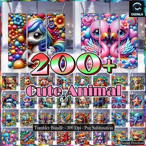 208 ontwerpen schattige dieren png-bundel, 20oz magere beker sublimatieontwerpen png, 3D schattige chibi-ontwerpen png, kleurrijke png, digitaal bestand