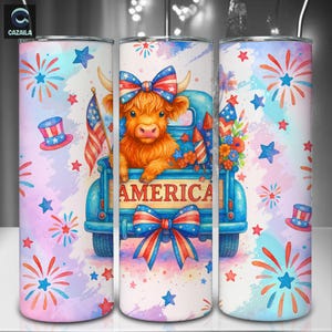 America Highland Cow Png, 4th Of July Png, Patriot Animal Design, 20oz Skinny Tumbler Sublimation Design Png, Commercial Use, Digital File