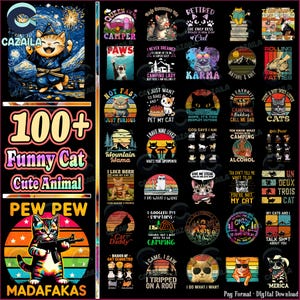 102 ファイル 猫 PNG バンドル、面白い猫 PNG クリップアート、かわいい動物、猫が欲しいだけ、猫のシルエット、猫のデザイン PNG、商用利用、デジタル ファイル