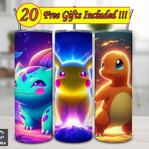 PKM Cartoon 20oz Skinny Tumbler Sublimation Designs, Anime Cute Straight/Tapered Wrap Png For Kids, Instant Digital Download image 1