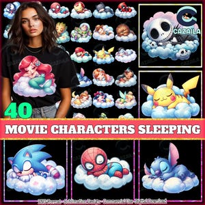 40 Designs Movie Characters PNG Bundle, Movie Characters Sleeping On The Clouds, Cute Cartoon Shirt Design, Commercial Use, Digital File