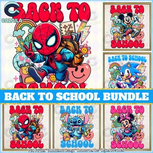 5 Designs Zurück in der Schule PNG Bundle, süße Zeichentrickfigur Png, glückliche zurück in der Schule Png, Schulpaket Png, kommerzielle Nutzung, digitale Datei