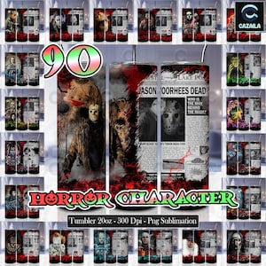 90 Horror Newspaper 20oz Tumbler Sublimation Designs Png, 20oz Skinny Tumbler Wraps, Horror Character Png, Horror Themed Png, Digital File