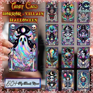 Lot de 56 modèles de cartes de tarot, Png de carte de tarot d'horreur, carte de tarot d'Halloween Png, carte de tarot effrayante Png, Format Png, téléchargement numérique