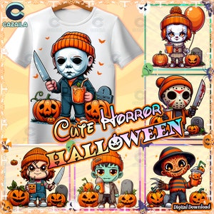 7 Designs Cute Horror Png Bundle, Personaggi Horror Png, Zucche Png, Halloween Horror Png, Modello di maglietta di Halloween Png, Download digitale