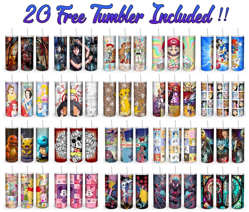 PKM Cartoon 20oz Skinny Tumbler Sublimation Designs, Anime Cute Straight/Tapered Wrap Png For Kids, Instant Digital Download image 2