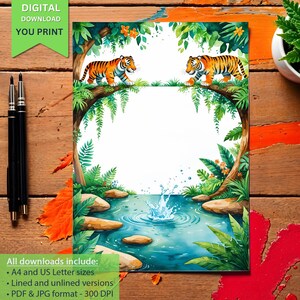 Jungle Tiger carta da lettere stampabile, carta da lettere tropicale acquerello, carta da lettere fauna selvatica, carta intestata digitale, download immediato