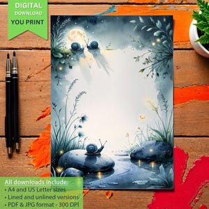 Papelaria mágica de caracol ao luar, papel de carta de floresta encantada, papel de carta de noite mística, download digital, papel de carta inspirado na natureza