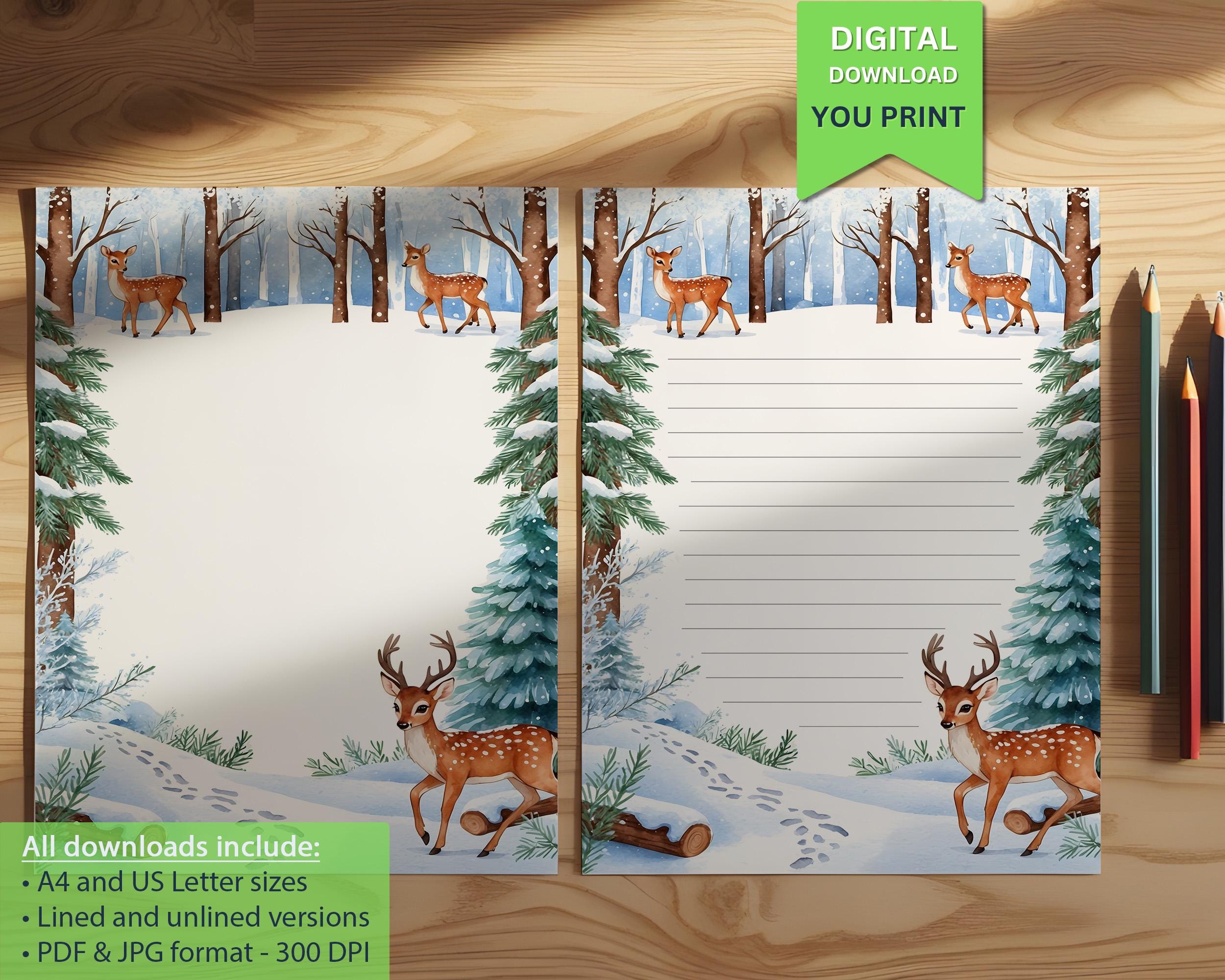 Winter Woodland Deer Writing Paper - A4 US Letter Printable Stationery ...