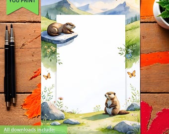 Aquarell Murmeltier Briefpapier: Bergwelt Briefpapier (Digitaler Download)