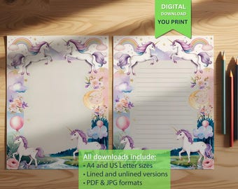 Printable Unicorn Writing Paper for Kids – Rainbow, Moon, and Cloud-Themed Stationery
