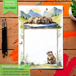 Carta da lettere per bambini stampabile con marmotte carine, tema paesaggio montano, carta da lettere digitale, cancelleria sulla fauna selvatica, download PDF