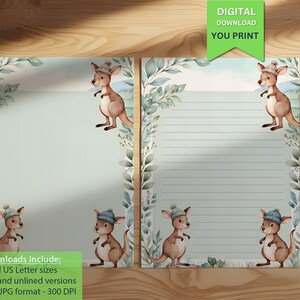 Könnte beinhalten: Druckbare Briefpapier mit einem niedlichen Cartoon-Känguru, das eine Wintermütze trägt. Das Papier hat einen hellblauen Hintergrund mit grünen Blättern und einem karierten Design. Der Text "All downloads include: A4 and US Letter sizes, Lined and unlined versions, PDF & JPG format - 300 DPI, DIGITAL DOWNLOAD YOU PRINT" befindet sich am unteren Rand der Seite.