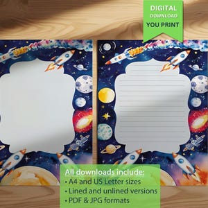 May include: Watercolor stationery set with a space theme. The design features rockets, planets, and stars against a dark blue background. The set includes lined and unlined versions, A4 and US Letter sizes, and PDF & JPG formats. The text "DIGITAL DOWNLOAD YOU PRINT" is also visible.