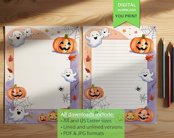 Spooky and Fun Halloween-Themed Printable Writing Paper for Kids – Cute Ghosts and Pumpkins Stationery