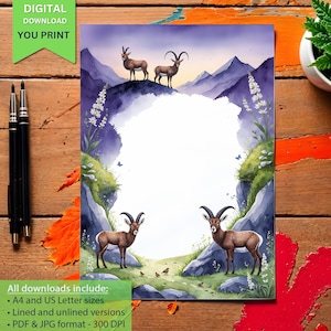 Papelería imprimible de cabra montés, papel de carta con temática de vida silvestre, papel de escritura de naturaleza alpina, páginas de diario rústicas, descarga digital