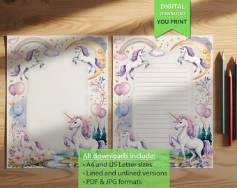 Printable Unicorn Stationery for Kids – Rainbow, Moon, and Balloon-Themed Unicorn Writing Paper