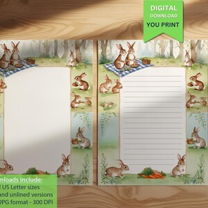 Bunny Picnic Delight briefpapier | A4 en US Letter pdf | Schattig briefpapier met konijnenthema voor notities, brieven en knutselwerkjes voor kinderen
