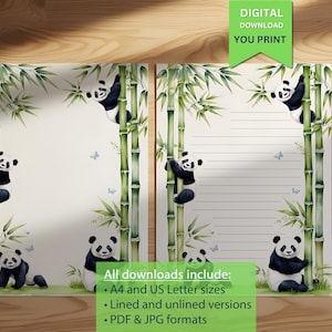 Schattig afdrukbaar pandabriefpapier | Briefpapier bamboe en panda voor kinderen | Creatief brieven schrijven, journalen, tekenen