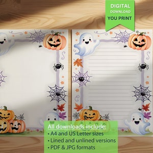 Op de afbeelding: Halloween-thema briefpapier met een rand van pompoenen, geesten, spinnenwebben en bladeren. Het briefpapier bevat gelijnde en ongelijnde versies in A4- en US Letter-formaten, beschikbaar in PDF- en JPG-formaten. De tekst luidt "DIGITALE DOWNLOAD U PRINT".