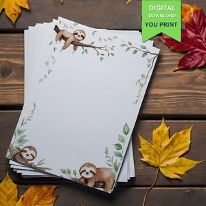 Adorabile carta da lettere digitale a tema bradipo / Carta da lettere per bambini stampabile / A4 e PDF lettera USA / Grazioso bordo con animali della foresta