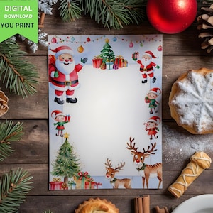 Carta da lettere natalizia con Babbo Natale e renne / Cancelleria per feste per bambini / Download PDF A4 e US Letter
